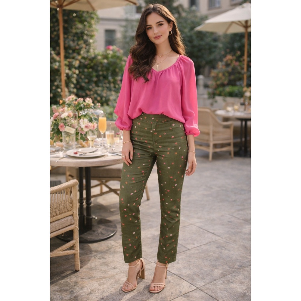 Ann Taylor 100%‎ Silk Embroidered Floral Pants Womens 6 Olive Green Straight Leg